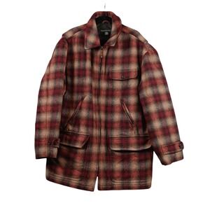Banana Republic Mens Plaid Wool Blend Barn Coat Jacket L Red Tan Quilted Lining‎